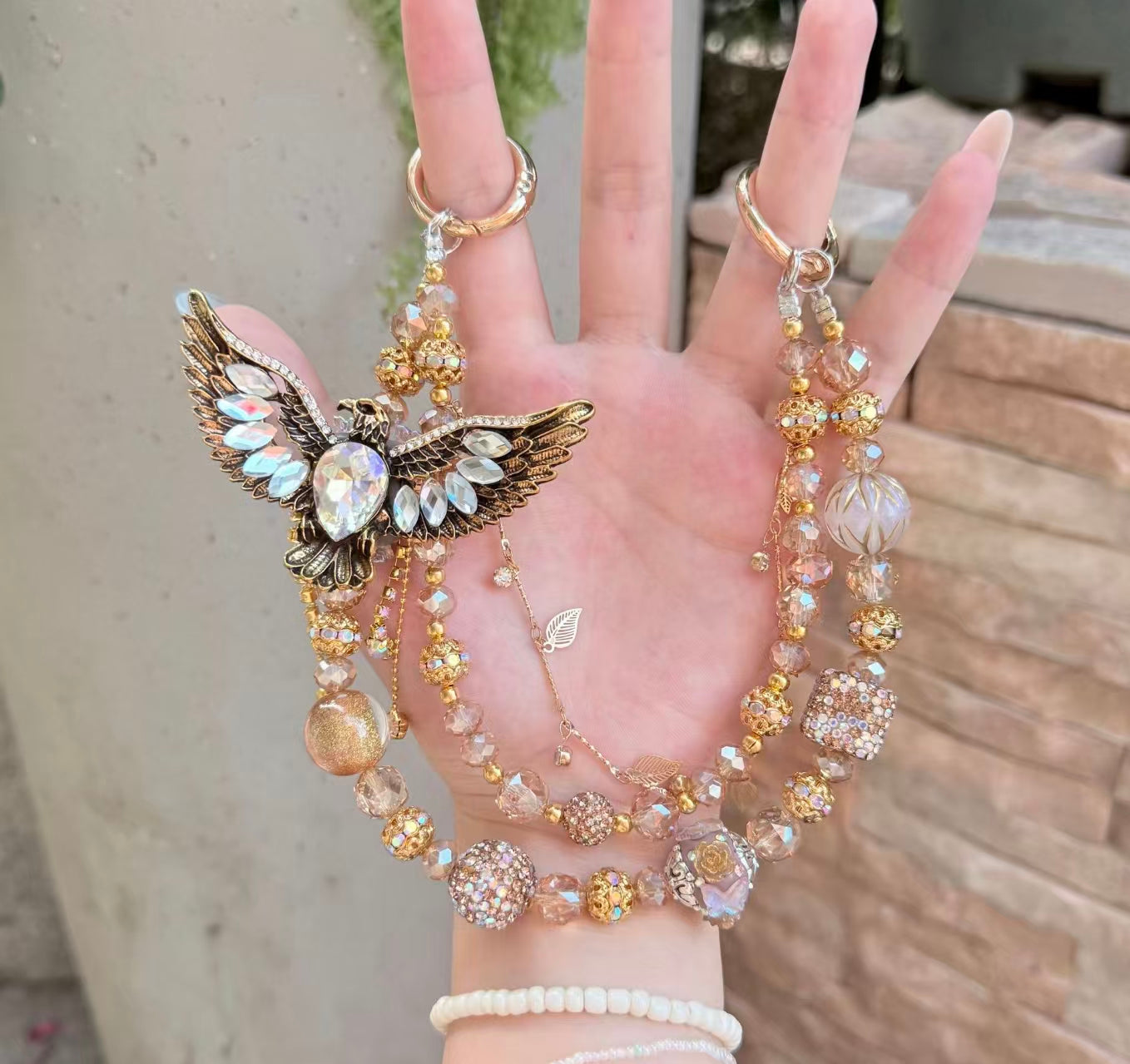 Handmade Luxury Green Dragonfly Rhinestone Beaded Phone Wrist Strap | Vintage Heavy Alloy Pendant Crystal Phone Charm Chain