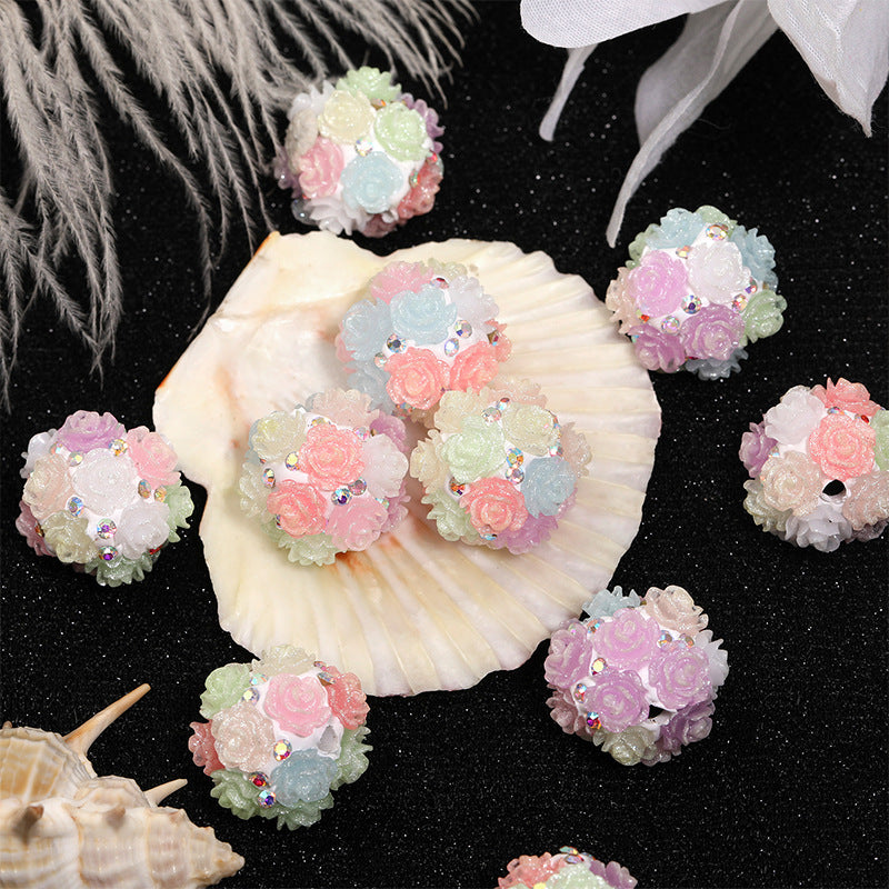 Luminous fine flash simulation rose pottery beads heavy industry camellia diamond ball beads DIY mobile phone chain beaded accessories