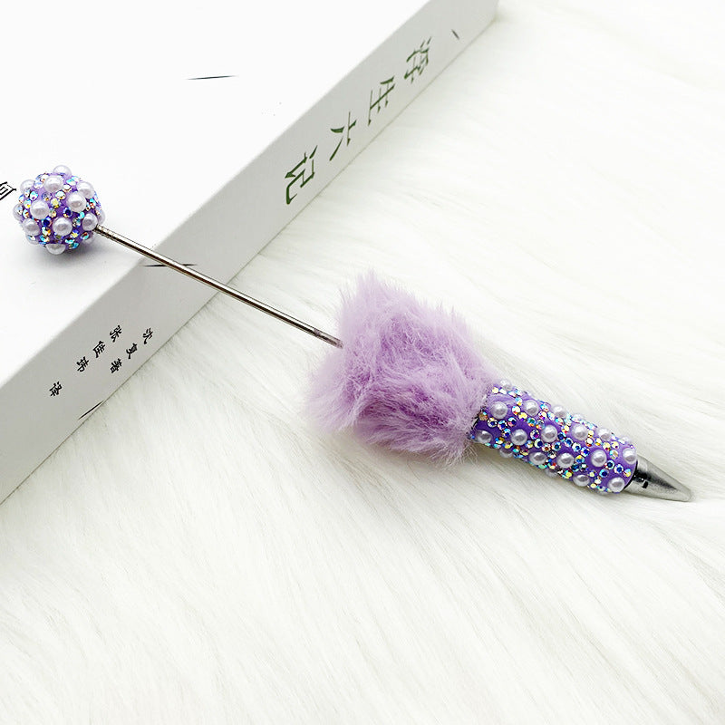Cross-border pearl full diamond brush heavy industry colored diamond pom-pom bead pen patch handmade creative ballpoint pen wholesale