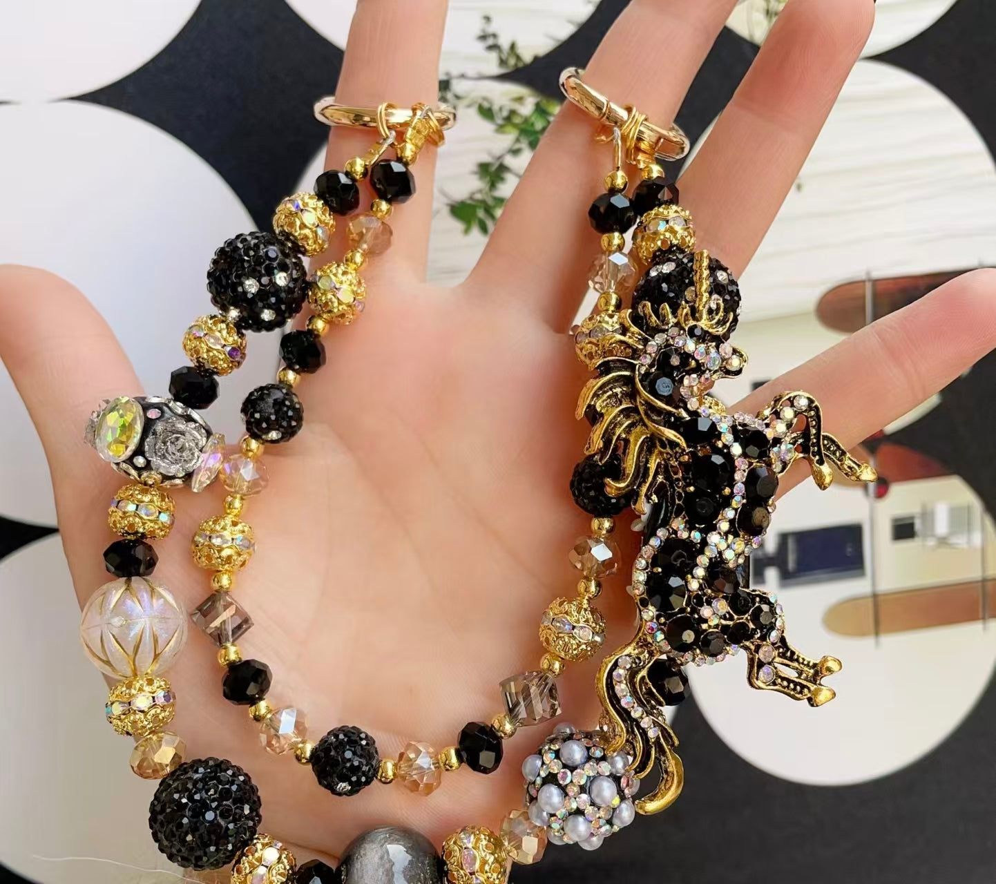 Handmade Luxury Green Dragonfly Rhinestone Beaded Phone Wrist Strap | Vintage Heavy Alloy Pendant Crystal Phone Charm Chain
