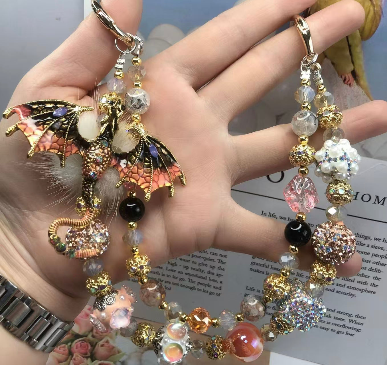 Handmade Luxury Green Dragonfly Rhinestone Beaded Phone Wrist Strap | Vintage Heavy Alloy Pendant Crystal Phone Charm Chain