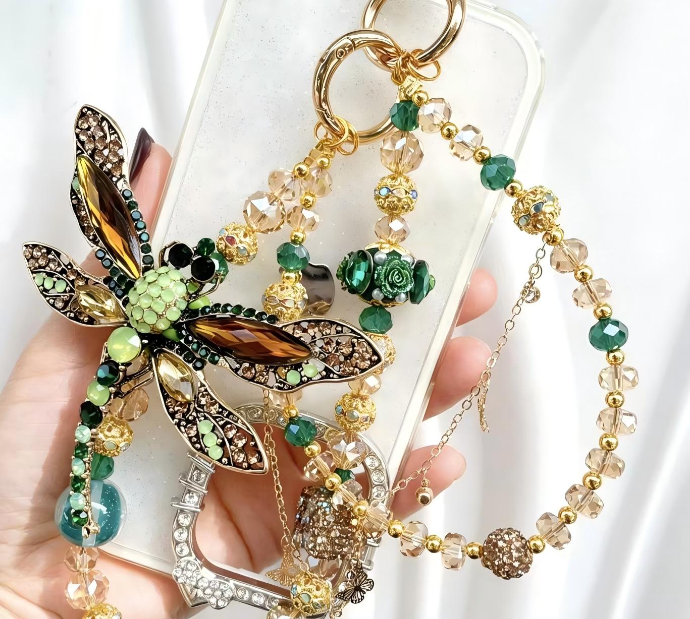 Handmade Luxury Green Dragonfly Rhinestone Beaded Phone Wrist Strap | Vintage Heavy Alloy Pendant Crystal Phone Charm Chain