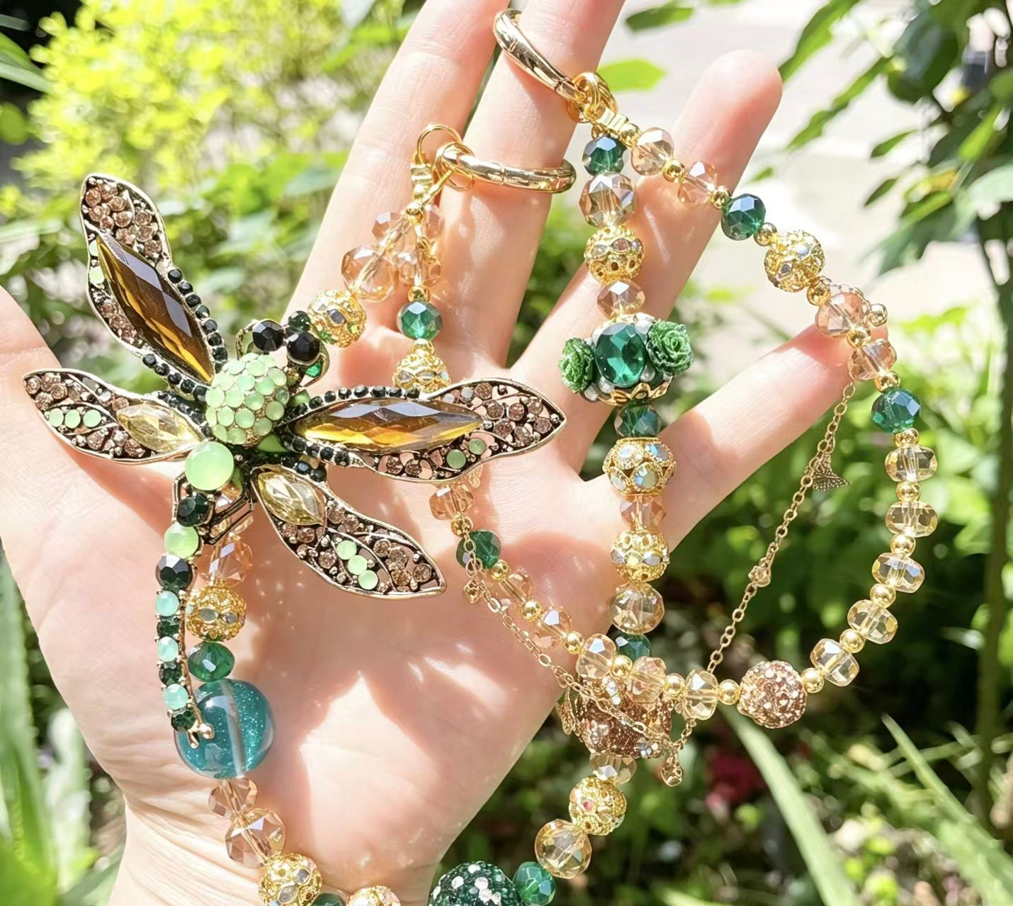 Handmade Luxury Green Dragonfly Rhinestone Beaded Phone Wrist Strap | Vintage Heavy Alloy Pendant Crystal Phone Charm Chain