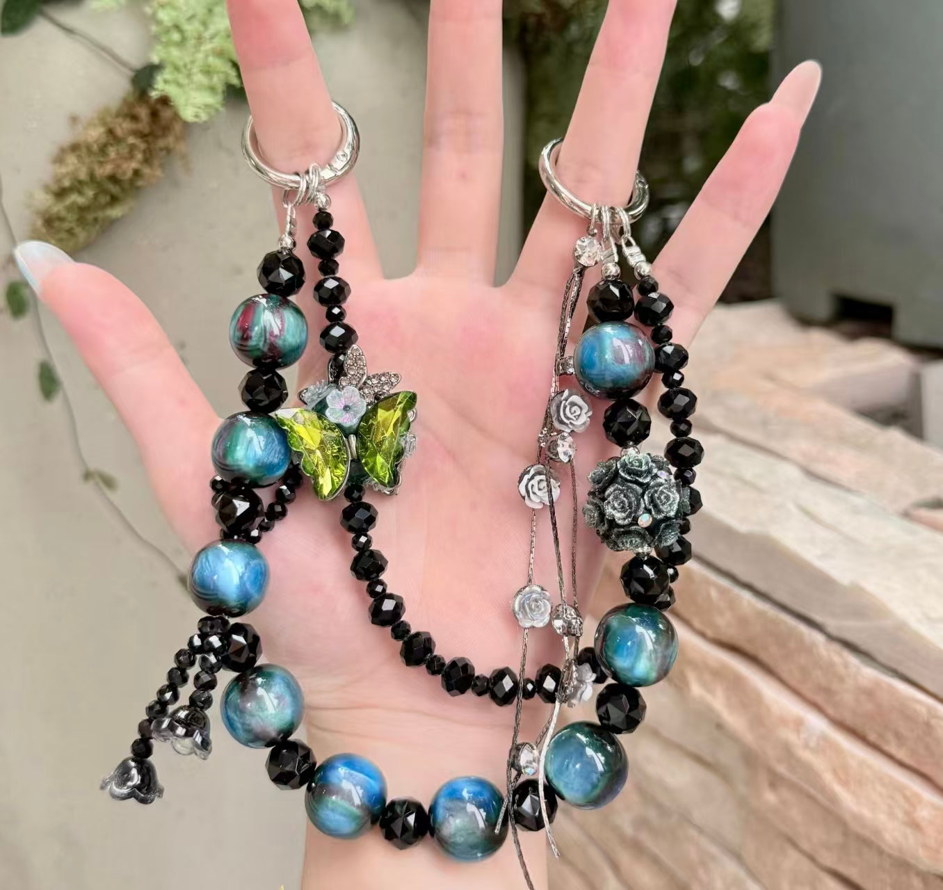 Handmade Luxury Green Dragonfly Rhinestone Beaded Phone Wrist Strap | Vintage Heavy Alloy Pendant Crystal Phone Charm Chain