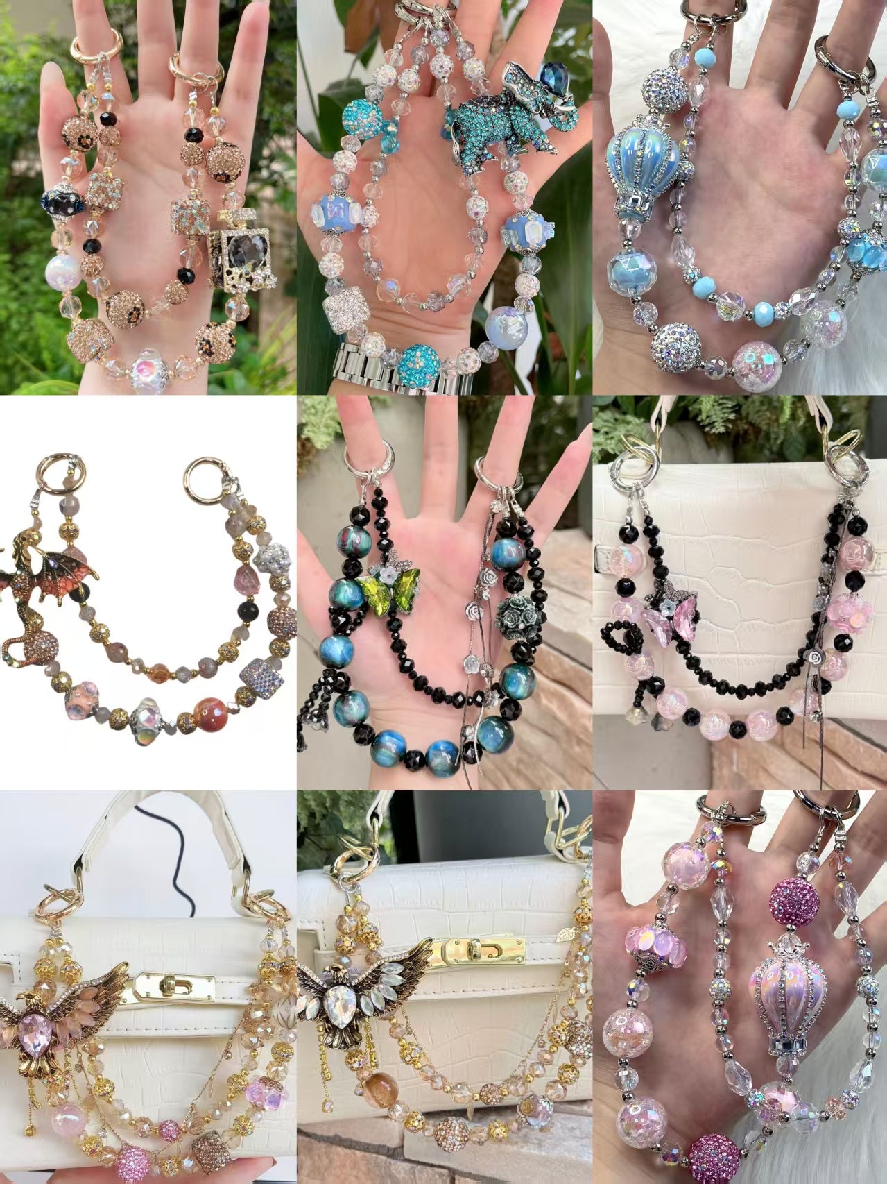 Handmade Luxury Green Dragonfly Rhinestone Beaded Phone Wrist Strap | Vintage Heavy Alloy Pendant Crystal Phone Charm Chain