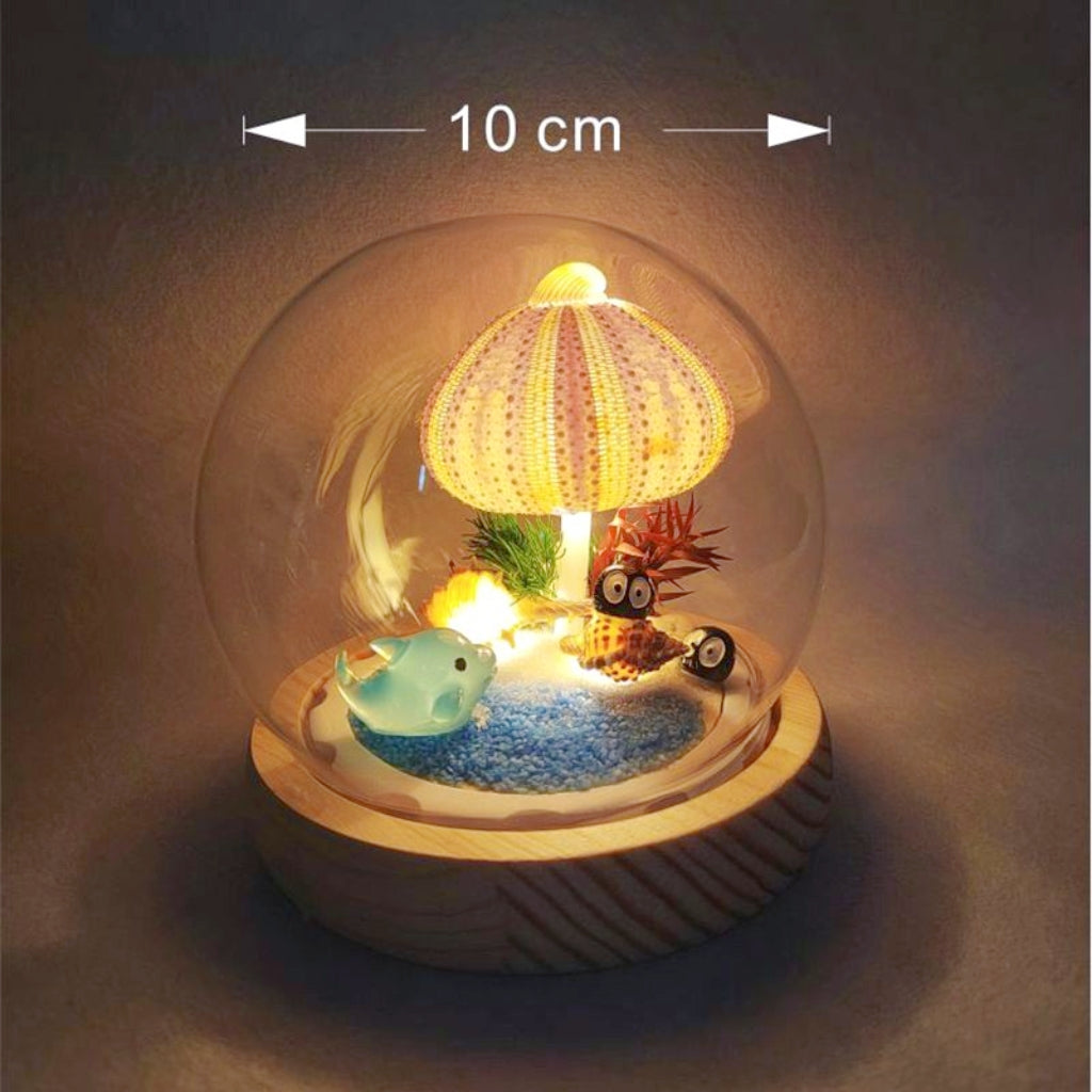 Handmade Natural Sea Urchin Shell Glass Dome Night Light 10cm Ocean Micro Landscape LED Warm Lamp Wooden Base USB Rechargeable Bedroom Decor Gift
