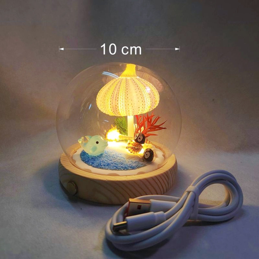 Handmade Natural Sea Urchin Shell Glass Dome Night Light 10cm Ocean Micro Landscape LED Warm Lamp Wooden Base USB Rechargeable Bedroom Decor Gift