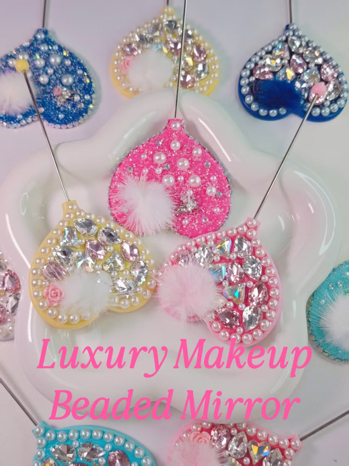 Clear Out-Beadable Hangmade Mirror of Bling Heart Long Handle Hand  | Rhinestone Kawaii Makeup Decor Mirror- 27 Pcs Iventory Left Only