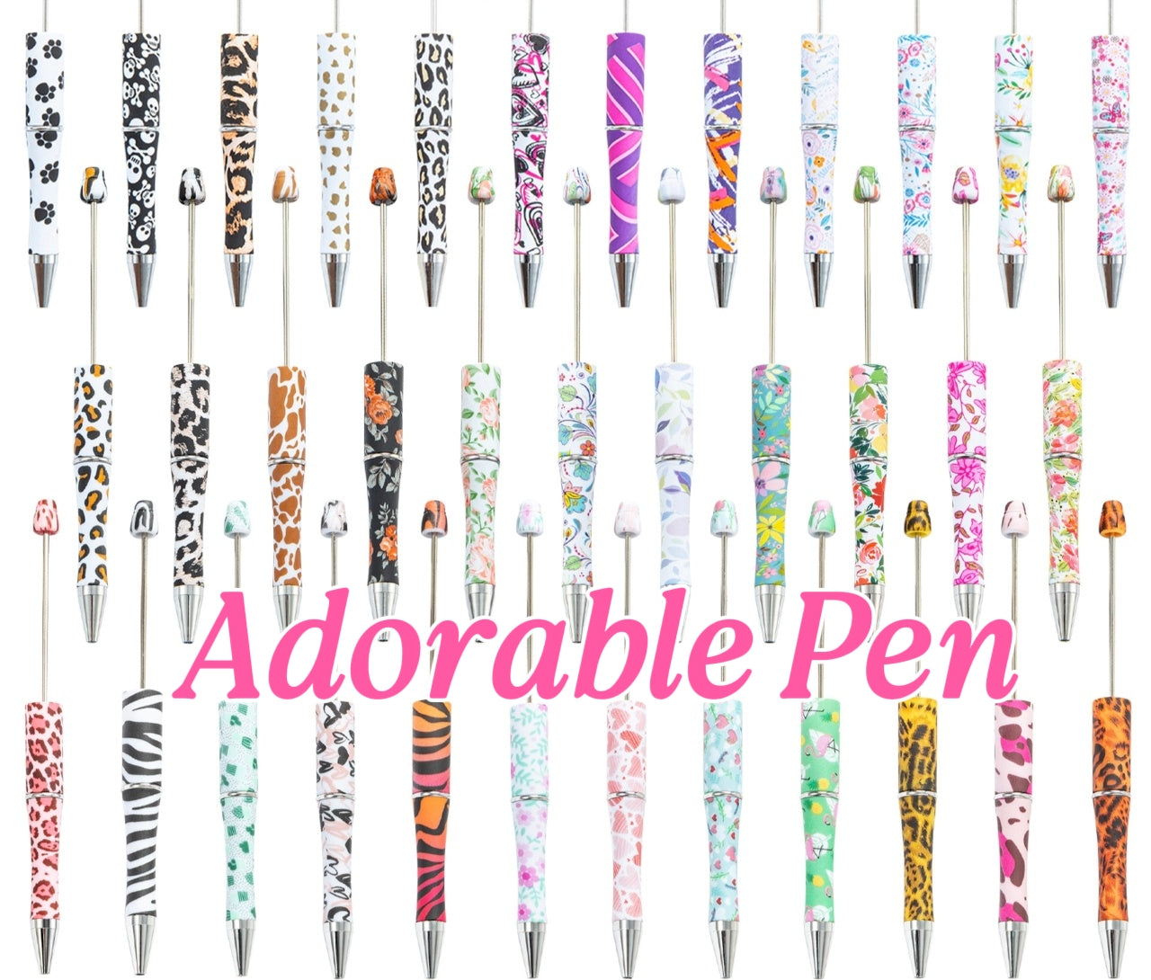 Cute Beadable DIY Print Ballpoint Pen, Leopard Floral Graffiti Pattern Custom Bead Pen, Bulk Blank Plastic Pens For Craft Gift Stationery