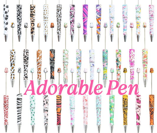Cute Beadable DIY Print Ballpoint Pen, Leopard Floral Graffiti Pattern Custom Bead Pen, Bulk Blank Plastic Pens For Craft Gift Stationery