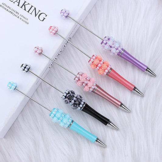 Cross-border rose pearl bead pen heavy industry DIY plastic pen, exquisite and creative handmade patch rotating gift pen