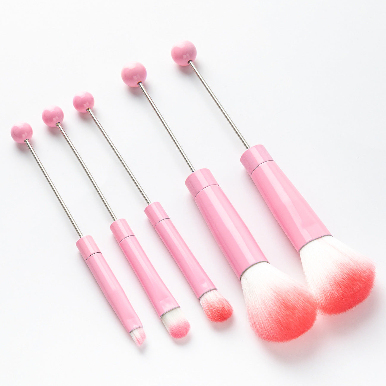 5 DIY metal handle beaded makeup brush set, blush brush, loose powder brush, oblique head, eyeshadow, eyebrow brush, beauty tool.