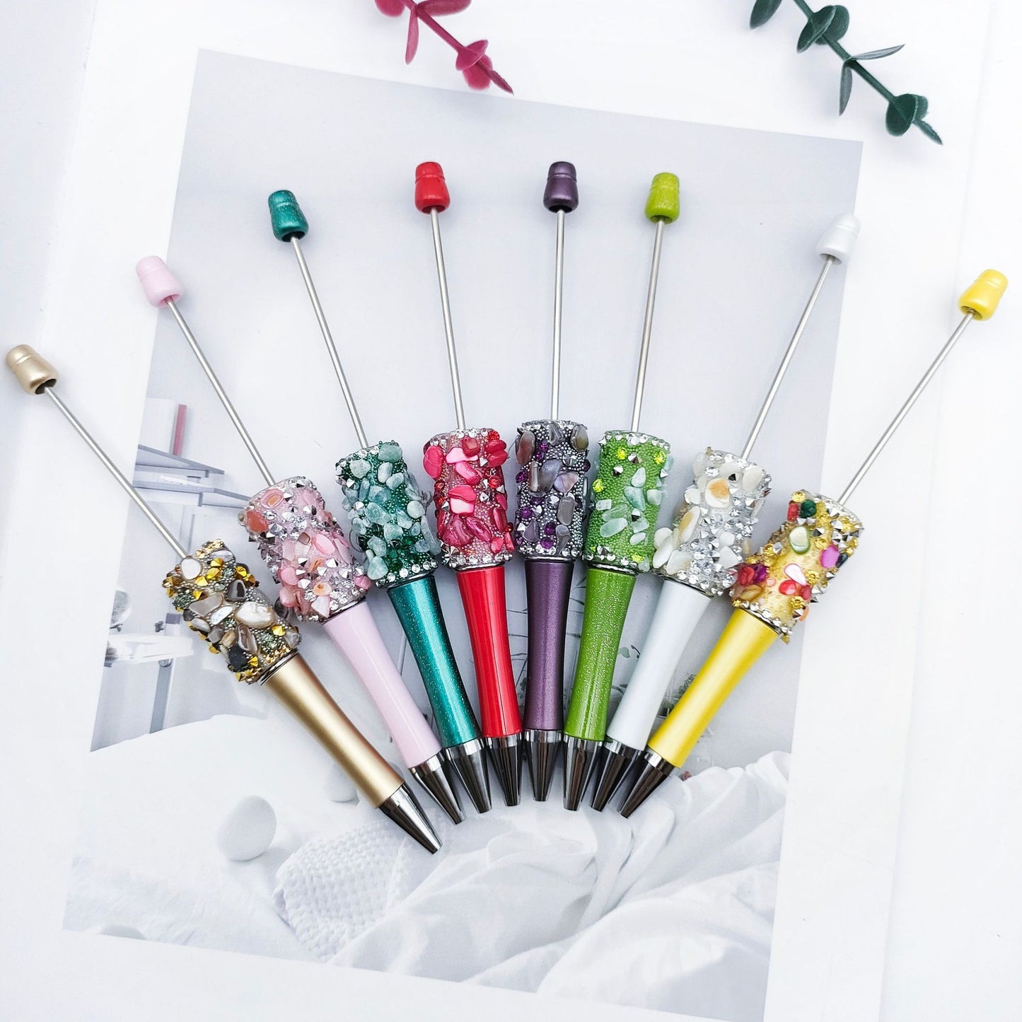 Cross-border random drilling shell gravel bead pen macaron random stone broken diamond DIY pen, spot creative rotary pen