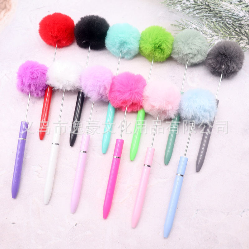 Long hairball bead pen DIY handmade mini plush beaded ballpoint pen ins animal brush spot wholesale