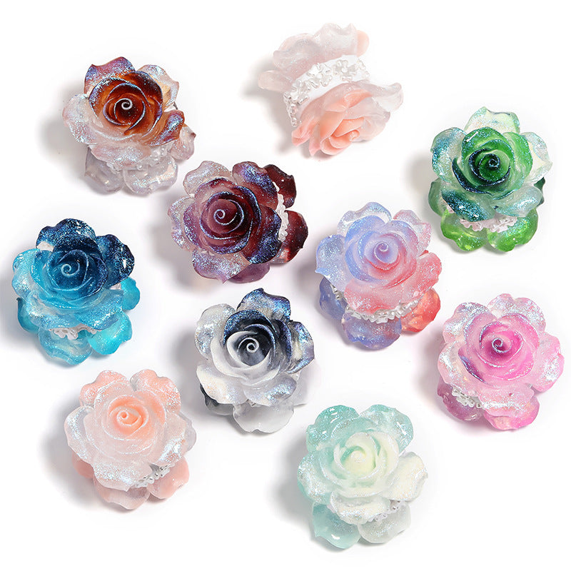 Heavy Industry Double-sided Rose Pottery Clay Diamond Ball Fine Glitter Resin Camellia Through Hole Beads DIY Mobile Phone Chain Beads