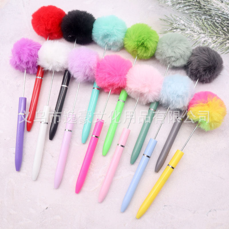 Long hairball bead pen DIY handmade mini plush beaded ballpoint pen ins animal brush spot wholesale