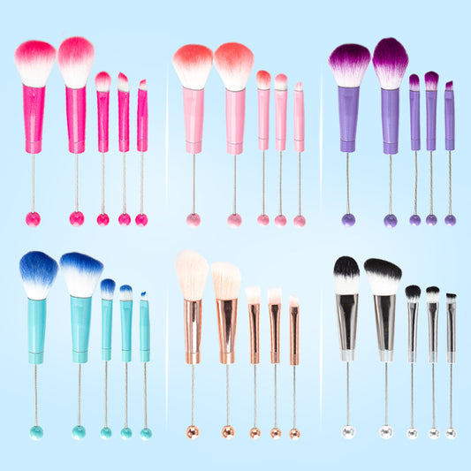 5 DIY metal handle beaded makeup brush set, blush brush, loose powder brush, oblique head, eyeshadow, eyebrow brush, beauty tool.