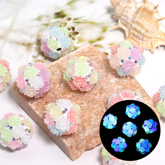Luminous fine flash simulation rose pottery beads heavy industry camellia diamond ball beads DIY mobile phone chain beaded accessories