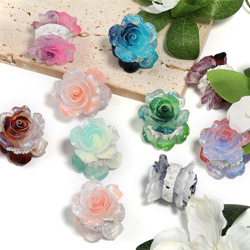 Heavy Industry Double-sided Rose Pottery Clay Diamond Ball Fine Glitter Resin Camellia Through Hole Beads DIY Mobile Phone Chain Beads