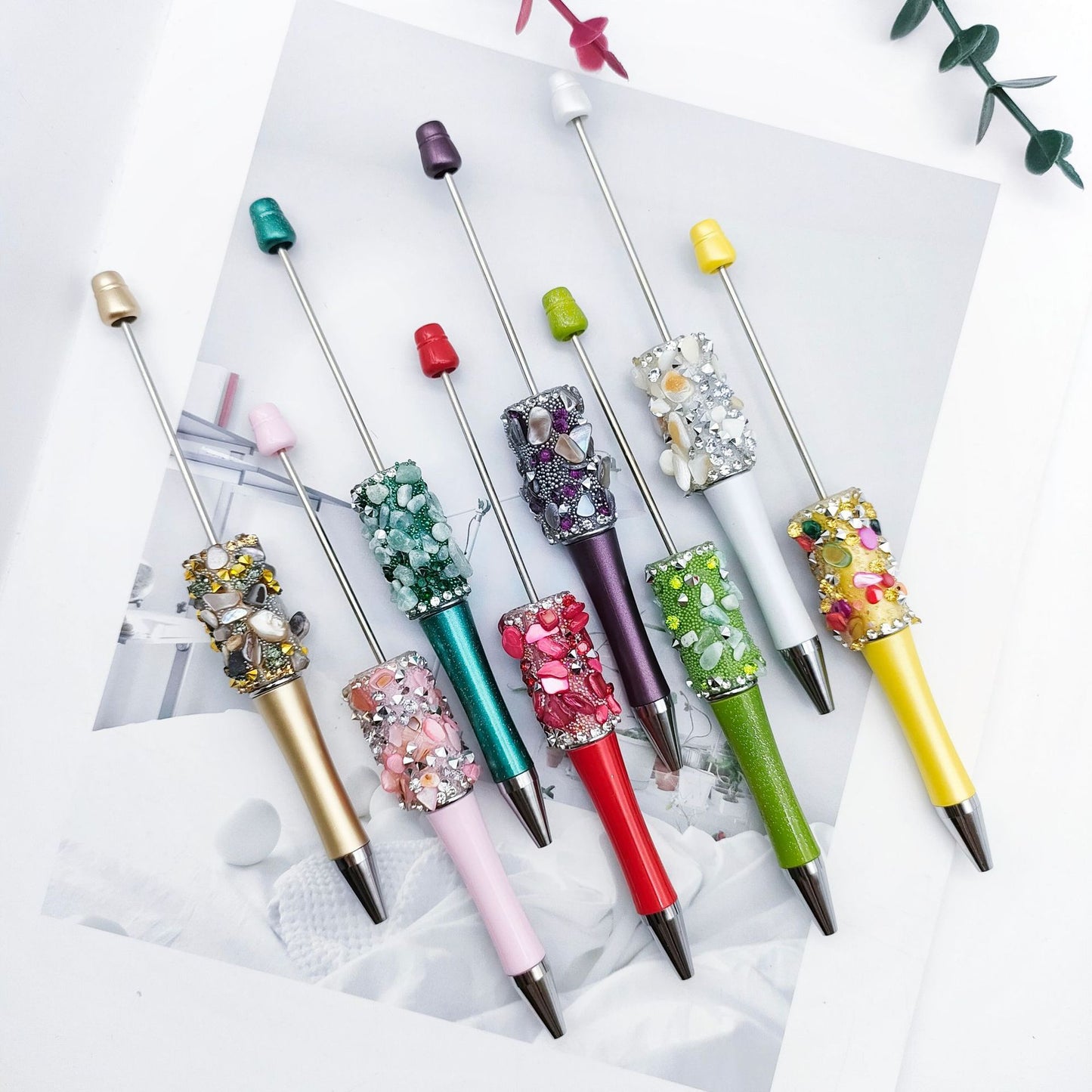 Cross-border random drilling shell gravel bead pen macaron random stone broken diamond DIY pen, spot creative rotary pen
