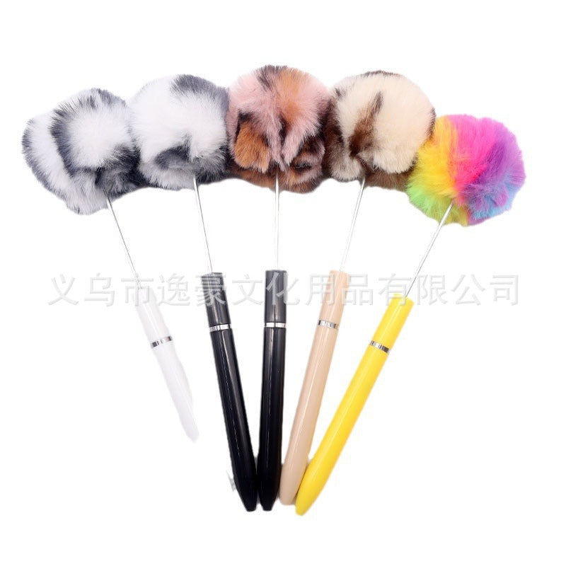 Long hairball bead pen DIY handmade mini plush beaded ballpoint pen ins animal brush spot wholesale