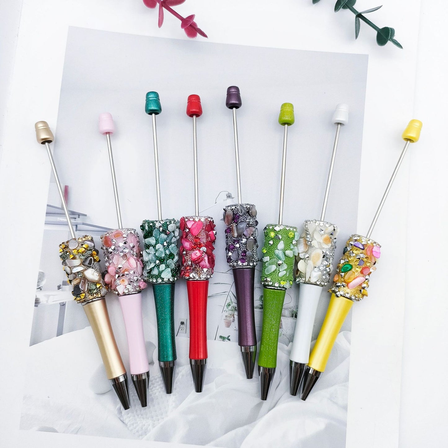 Cross-border random drilling shell gravel bead pen macaron random stone broken diamond DIY pen, spot creative rotary pen