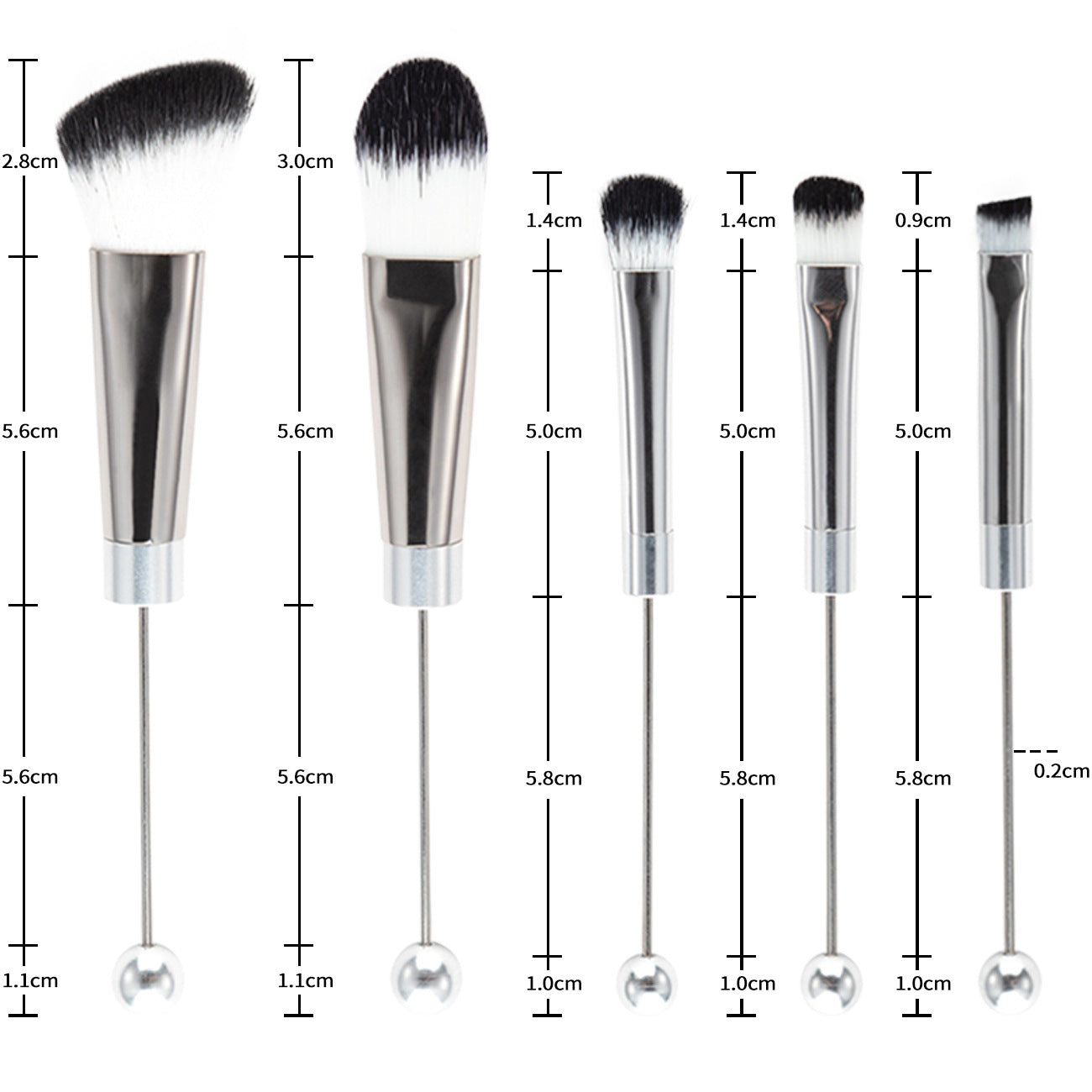 5 DIY metal handle beaded makeup brush set, blush brush, loose powder brush, oblique head, eyeshadow, eyebrow brush, beauty tool.