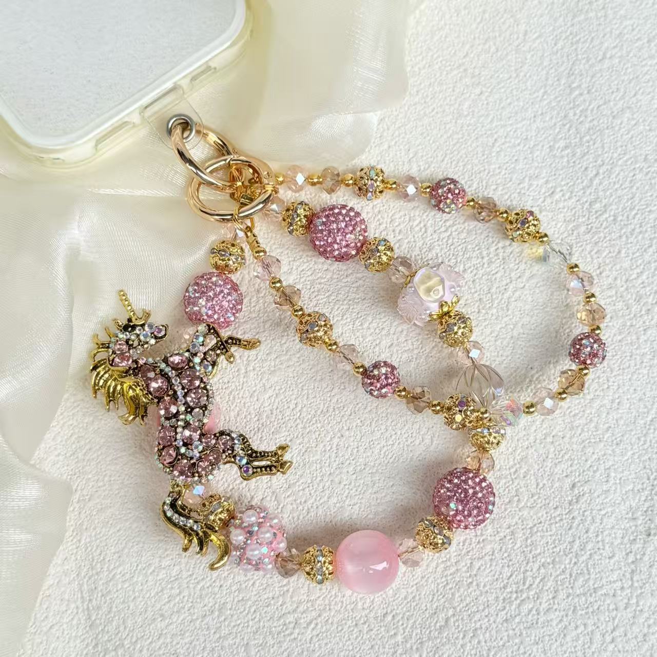 Handmade Luxury Green Dragonfly Rhinestone Beaded Phone Wrist Strap | Vintage Heavy Alloy Pendant Crystal Phone Charm Chain