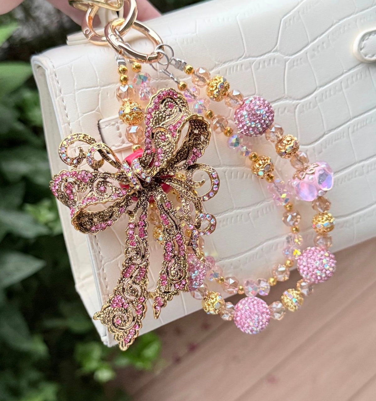 Handmade Luxury Green Dragonfly Rhinestone Beaded Phone Wrist Strap | Vintage Heavy Alloy Pendant Crystal Phone Charm Chain