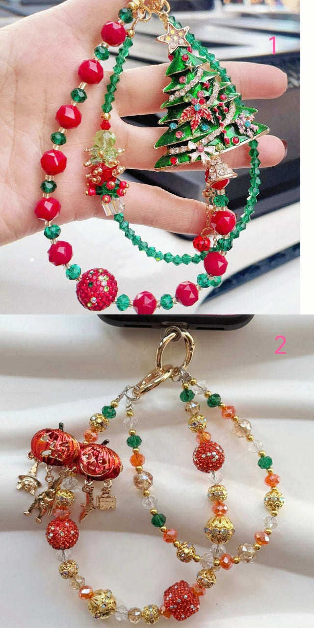 Handmade Luxury Green Dragonfly Rhinestone Beaded Phone Wrist Strap | Vintage Heavy Alloy Pendant Crystal Phone Charm Chain