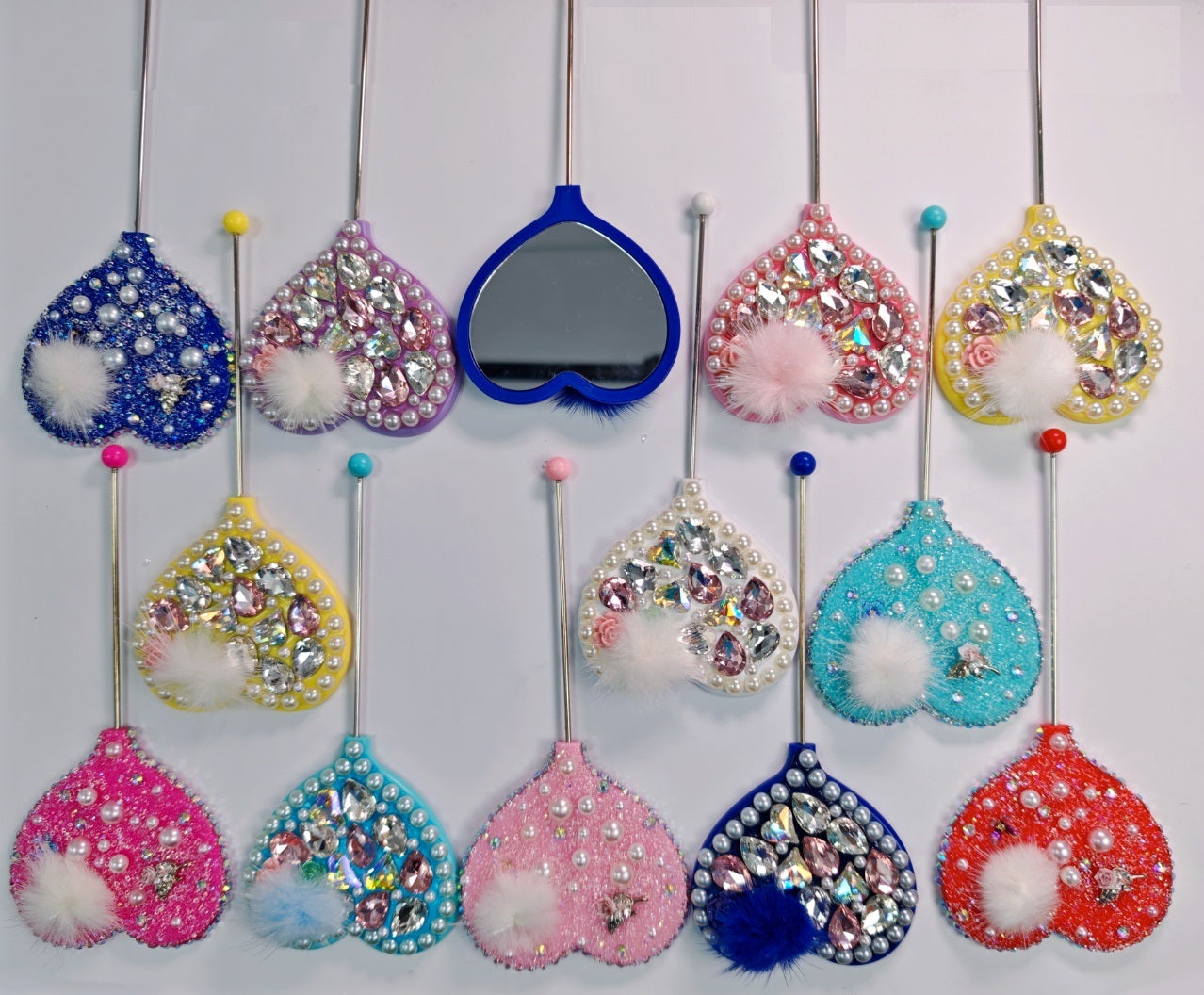 Beadable Y2K Hangmade Mirror of Bling Heart Long Handle Hand  | Rhinestone Kawaii Makeup Decor Mirror