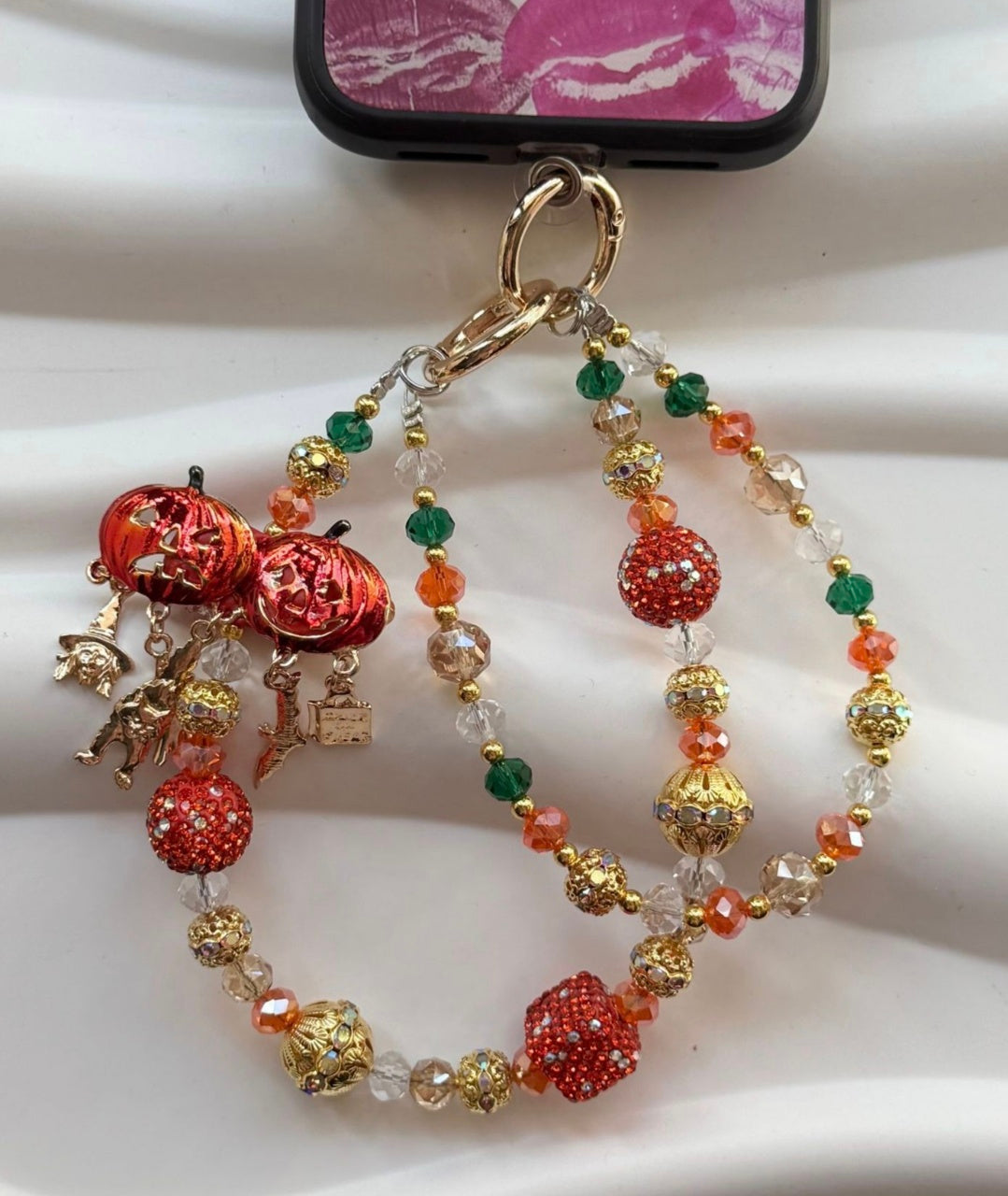 Handmade Luxury Green Dragonfly Rhinestone Beaded Phone Wrist Strap | Vintage Heavy Alloy Pendant Crystal Phone Charm Chain