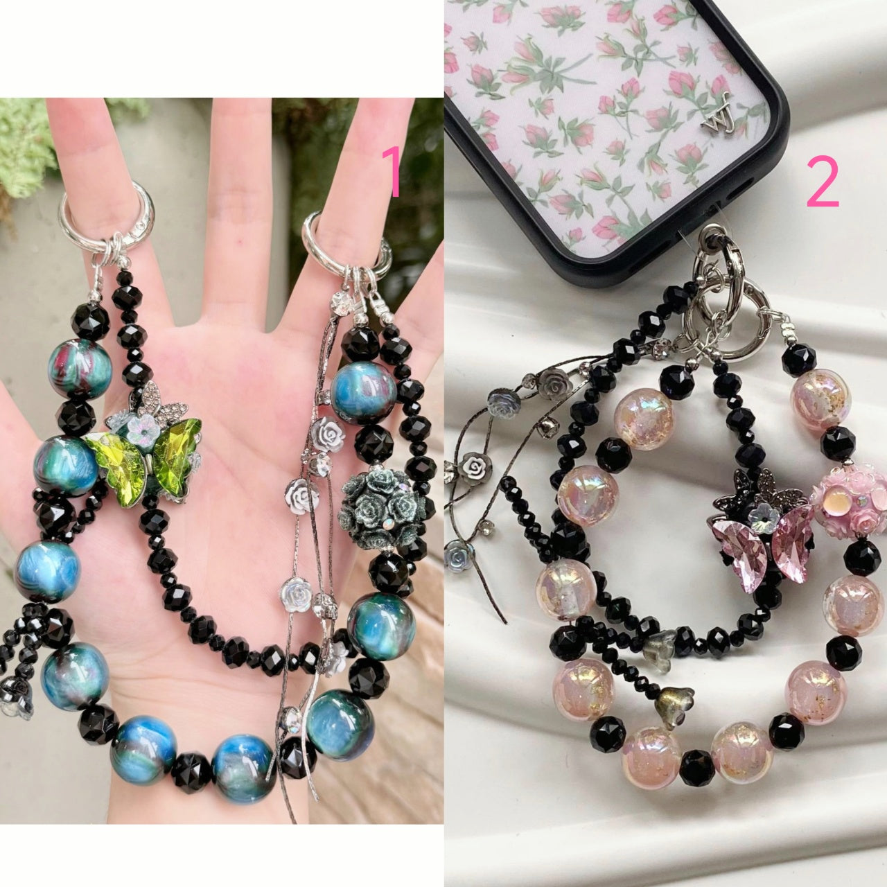 Handmade Luxury Green Dragonfly Rhinestone Beaded Phone Wrist Strap | Vintage Heavy Alloy Pendant Crystal Phone Charm Chain