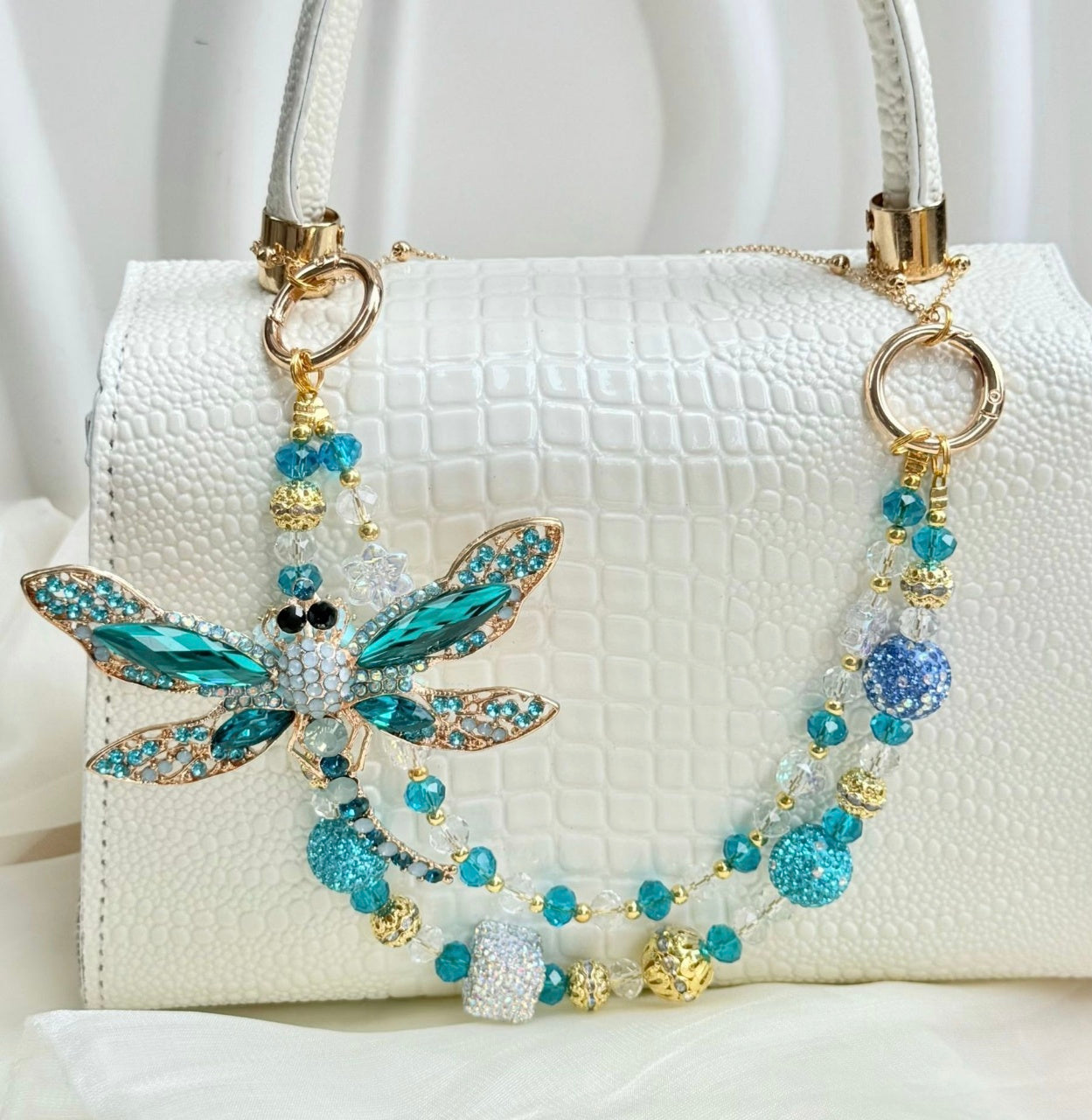 Handmade Luxury Green Dragonfly Rhinestone Beaded Phone Wrist Strap | Vintage Heavy Alloy Pendant Crystal Phone Charm Chain