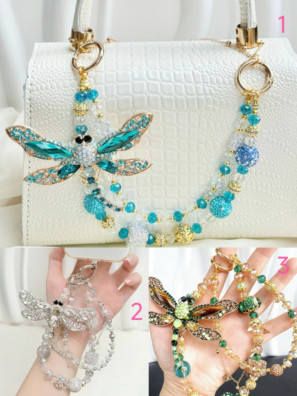 Handmade Luxury Green Dragonfly Rhinestone Beaded Phone Wrist Strap | Vintage Heavy Alloy Pendant Crystal Phone Charm Chain