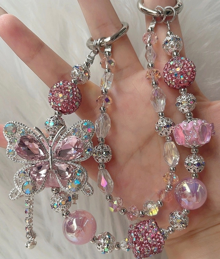 Handmade Luxury Green Dragonfly Rhinestone Beaded Phone Wrist Strap | Vintage Heavy Alloy Pendant Crystal Phone Charm Chain
