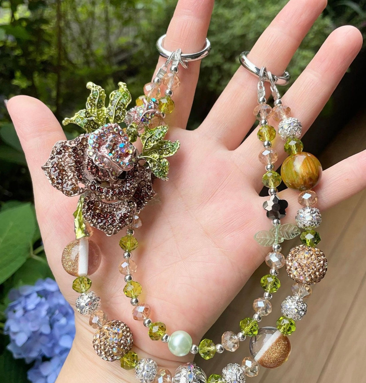 Handmade Luxury Green Dragonfly Rhinestone Beaded Phone Wrist Strap | Vintage Heavy Alloy Pendant Crystal Phone Charm Chain