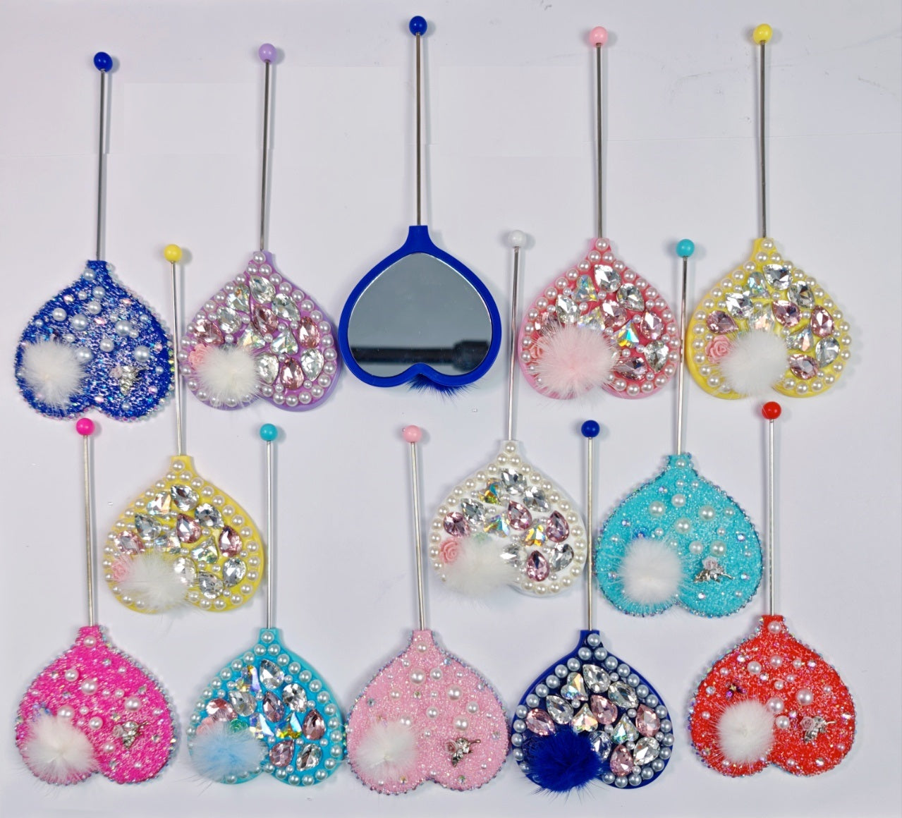 Beadable Y2K Hangmade Mirror of Bling Heart Long Handle Hand  | Rhinestone Kawaii Makeup Decor Mirror